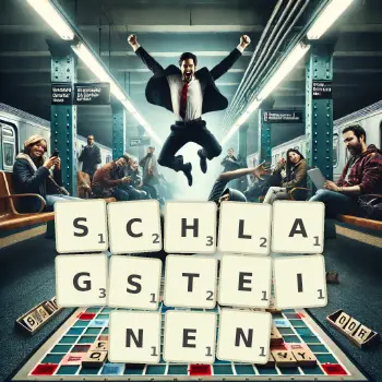 Kreative Illustration für ein Scrabble-Spiel, bei dem das Wort SCHLAGSTEINEN mit Steinen auf dem Brett gelegt wurde.