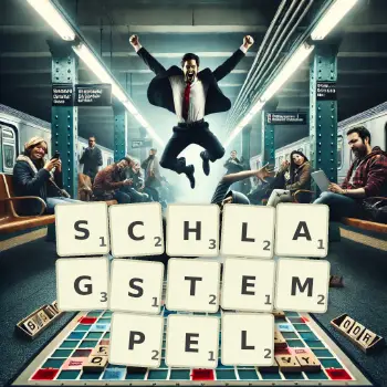 Kreative Illustration für ein Scrabble-Spiel, bei dem das Wort SCHLAGSTEMPEL mit Steinen auf dem Brett gelegt wurde.