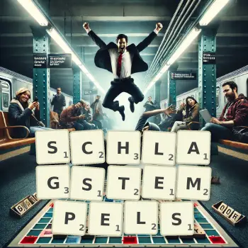 Kreative Illustration für ein Scrabble-Spiel, bei dem das Wort SCHLAGSTEMPELS mit Steinen auf dem Brett gelegt wurde.