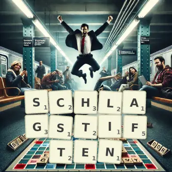 Kreative Illustration für ein Scrabble-Spiel, bei dem das Wort SCHLAGSTIFTEN mit Steinen auf dem Brett gelegt wurde.