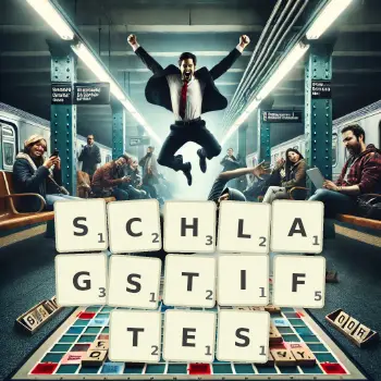 Kreative Illustration für ein Scrabble-Spiel, bei dem das Wort SCHLAGSTIFTES mit Steinen auf dem Brett gelegt wurde.