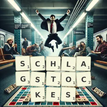 Kreative Illustration für ein Scrabble-Spiel, bei dem das Wort SCHLAGSTOCKES mit Steinen auf dem Brett gelegt wurde.