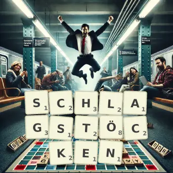 Kreative Illustration für ein Scrabble-Spiel, bei dem das Wort SCHLAGSTÖCKEN mit Steinen auf dem Brett gelegt wurde.