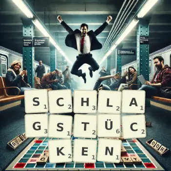 Kreative Illustration für ein Scrabble-Spiel, bei dem das Wort SCHLAGSTÜCKEN mit Steinen auf dem Brett gelegt wurde.