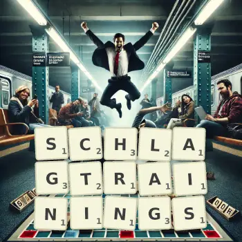 Kreative Illustration für ein Scrabble-Spiel, bei dem das Wort SCHLAGTRAININGS mit Steinen auf dem Brett gelegt wurde.