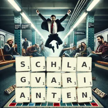 Kreative Illustration für ein Scrabble-Spiel, bei dem das Wort SCHLAGVARIANTEN mit Steinen auf dem Brett gelegt wurde.