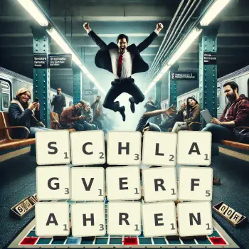 Kreative Illustration für ein Scrabble-Spiel, bei dem das Wort SCHLAGVERFAHREN mit Steinen auf dem Brett gelegt wurde.