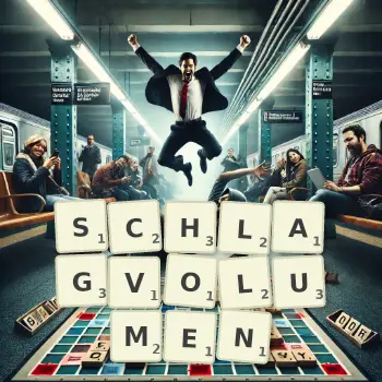 Kreative Illustration für ein Scrabble-Spiel, bei dem das Wort SCHLAGVOLUMEN mit Steinen auf dem Brett gelegt wurde.