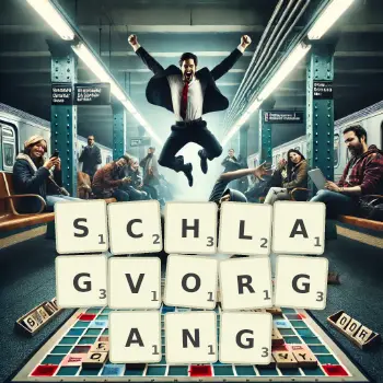 Kreative Illustration für ein Scrabble-Spiel, bei dem das Wort SCHLAGVORGANG mit Steinen auf dem Brett gelegt wurde.