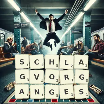 Kreative Illustration für ein Scrabble-Spiel, bei dem das Wort SCHLAGVORGANGES mit Steinen auf dem Brett gelegt wurde.