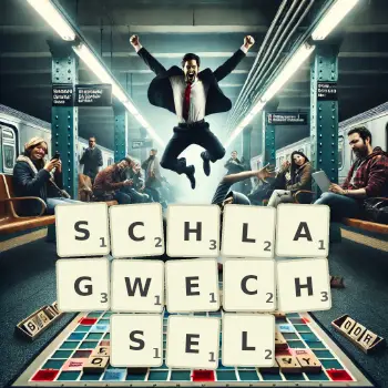 Kreative Illustration für ein Scrabble-Spiel, bei dem das Wort SCHLAGWECHSEL mit Steinen auf dem Brett gelegt wurde.