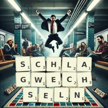 Kreative Illustration für ein Scrabble-Spiel, bei dem das Wort SCHLAGWECHSELN mit Steinen auf dem Brett gelegt wurde.