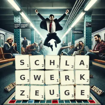 Kreative Illustration für ein Scrabble-Spiel, bei dem das Wort SCHLAGWERKZEUGE mit Steinen auf dem Brett gelegt wurde.