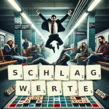 Kreative Illustration für ein Scrabble-Spiel, bei dem das Wort SCHLAGWERTE mit Steinen auf dem Brett gelegt wurde.