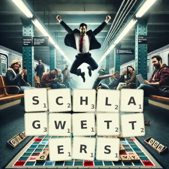 Kreative Illustration für ein Scrabble-Spiel, bei dem das Wort SCHLAGWETTERS mit Steinen auf dem Brett gelegt wurde.