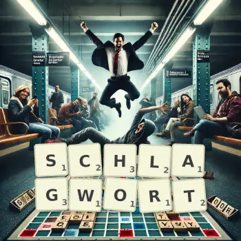Kreative Illustration für ein Scrabble-Spiel, bei dem das Wort SCHLAGWORT mit Steinen auf dem Brett gelegt wurde.