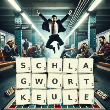 Kreative Illustration für ein Scrabble-Spiel, bei dem das Wort SCHLAGWORTKEULE mit Steinen auf dem Brett gelegt wurde.