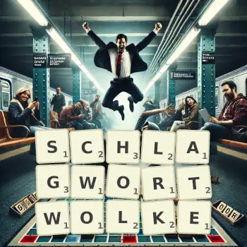 Kreative Illustration für ein Scrabble-Spiel, bei dem das Wort SCHLAGWORTWOLKE mit Steinen auf dem Brett gelegt wurde.