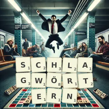 Kreative Illustration für ein Scrabble-Spiel, bei dem das Wort SCHLAGWÖRTERN mit Steinen auf dem Brett gelegt wurde.