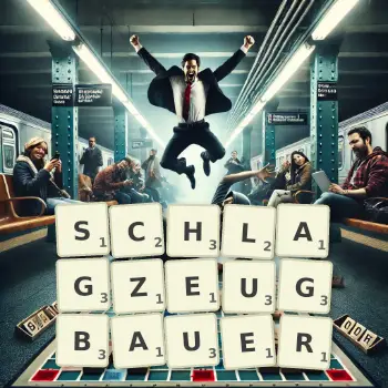 Kreative Illustration für ein Scrabble-Spiel, bei dem das Wort SCHLAGZEUGBAUER mit Steinen auf dem Brett gelegt wurde.