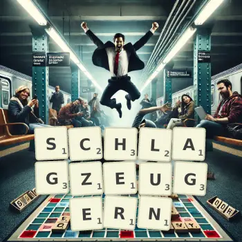 Kreative Illustration für ein Scrabble-Spiel, bei dem das Wort SCHLAGZEUGERN mit Steinen auf dem Brett gelegt wurde.