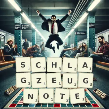 Kreative Illustration für ein Scrabble-Spiel, bei dem das Wort SCHLAGZEUGNOTE mit Steinen auf dem Brett gelegt wurde.