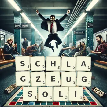 Kreative Illustration für ein Scrabble-Spiel, bei dem das Wort SCHLAGZEUGSOLI mit Steinen auf dem Brett gelegt wurde.