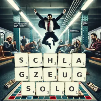 Kreative Illustration für ein Scrabble-Spiel, bei dem das Wort SCHLAGZEUGSOLO mit Steinen auf dem Brett gelegt wurde.