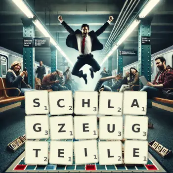 Kreative Illustration für ein Scrabble-Spiel, bei dem das Wort SCHLAGZEUGTEILE mit Steinen auf dem Brett gelegt wurde.