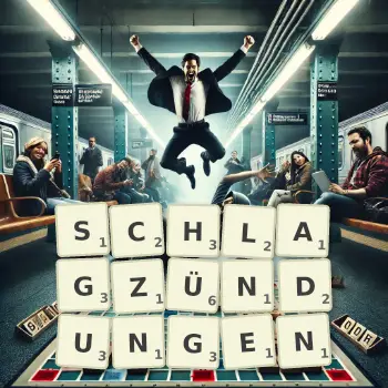 Kreative Illustration für ein Scrabble-Spiel, bei dem das Wort SCHLAGZÜNDUNGEN mit Steinen auf dem Brett gelegt wurde.