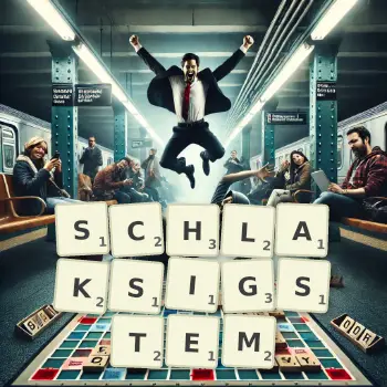 Kreative Illustration für ein Scrabble-Spiel, bei dem das Wort SCHLAKSIGSTEM mit Steinen auf dem Brett gelegt wurde.