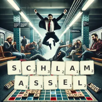 Kreative Illustration für ein Scrabble-Spiel, bei dem das Wort SCHLAMASSEL mit Steinen auf dem Brett gelegt wurde.