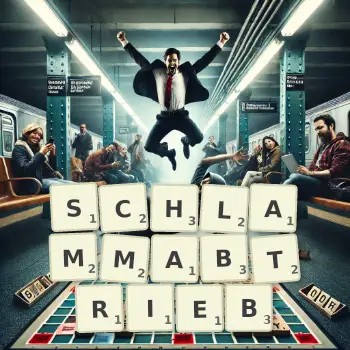 Kreative Illustration für ein Scrabble-Spiel, bei dem das Wort SCHLAMMABTRIEB mit Steinen auf dem Brett gelegt wurde.