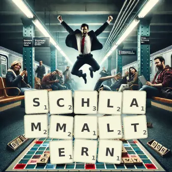 Kreative Illustration für ein Scrabble-Spiel, bei dem das Wort SCHLAMMALTERN mit Steinen auf dem Brett gelegt wurde.