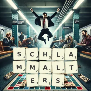 Kreative Illustration für ein Scrabble-Spiel, bei dem das Wort SCHLAMMALTERS mit Steinen auf dem Brett gelegt wurde.