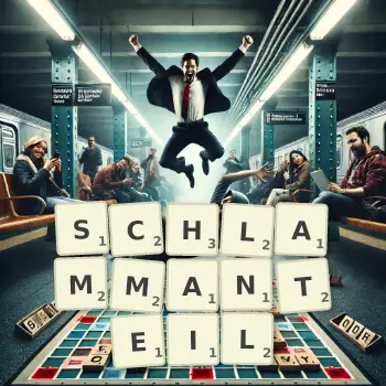 Kreative Illustration für ein Scrabble-Spiel, bei dem das Wort SCHLAMMANTEIL mit Steinen auf dem Brett gelegt wurde.