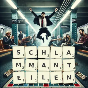Kreative Illustration für ein Scrabble-Spiel, bei dem das Wort SCHLAMMANTEILEN mit Steinen auf dem Brett gelegt wurde.