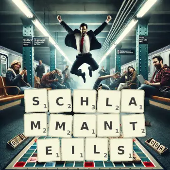 Kreative Illustration für ein Scrabble-Spiel, bei dem das Wort SCHLAMMANTEILS mit Steinen auf dem Brett gelegt wurde.
