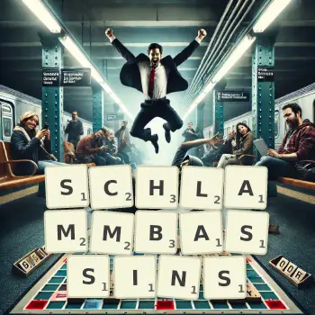 Kreative Illustration für ein Scrabble-Spiel, bei dem das Wort SCHLAMMBASSINS mit Steinen auf dem Brett gelegt wurde.