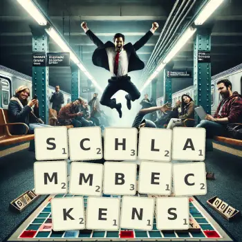 Kreative Illustration für ein Scrabble-Spiel, bei dem das Wort SCHLAMMBECKENS mit Steinen auf dem Brett gelegt wurde.