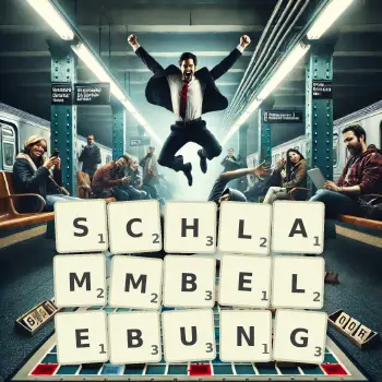 Kreative Illustration für ein Scrabble-Spiel, bei dem das Wort SCHLAMMBELEBUNG mit Steinen auf dem Brett gelegt wurde.