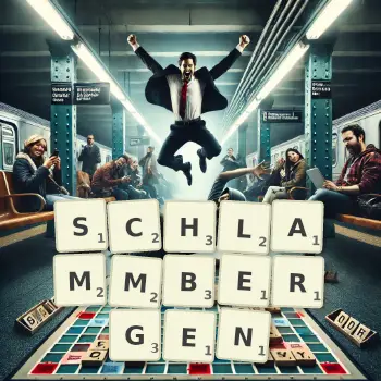 Kreative Illustration für ein Scrabble-Spiel, bei dem das Wort SCHLAMMBERGEN mit Steinen auf dem Brett gelegt wurde.