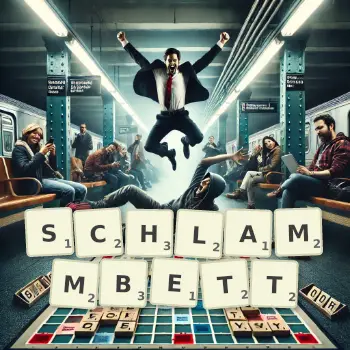 Kreative Illustration für ein Scrabble-Spiel, bei dem das Wort SCHLAMMBETT mit Steinen auf dem Brett gelegt wurde.