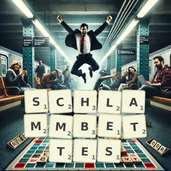 Kreative Illustration für ein Scrabble-Spiel, bei dem das Wort SCHLAMMBETTES mit Steinen auf dem Brett gelegt wurde.