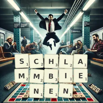 Kreative Illustration für ein Scrabble-Spiel, bei dem das Wort SCHLAMMBIENEN mit Steinen auf dem Brett gelegt wurde.