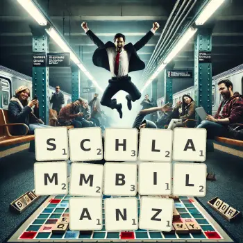 Kreative Illustration für ein Scrabble-Spiel, bei dem das Wort SCHLAMMBILANZ mit Steinen auf dem Brett gelegt wurde.