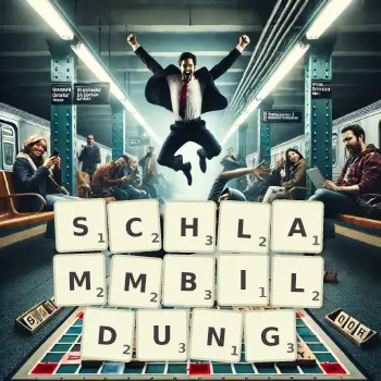 Kreative Illustration für ein Scrabble-Spiel, bei dem das Wort SCHLAMMBILDUNG mit Steinen auf dem Brett gelegt wurde.