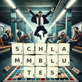 Kreative Illustration für ein Scrabble-Spiel, bei dem das Wort SCHLAMMBLUTES mit Steinen auf dem Brett gelegt wurde.
