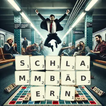 Kreative Illustration für ein Scrabble-Spiel, bei dem das Wort SCHLAMMBÄDERN mit Steinen auf dem Brett gelegt wurde.