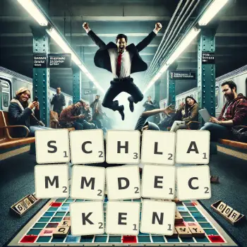 Kreative Illustration für ein Scrabble-Spiel, bei dem das Wort SCHLAMMDECKEN mit Steinen auf dem Brett gelegt wurde.